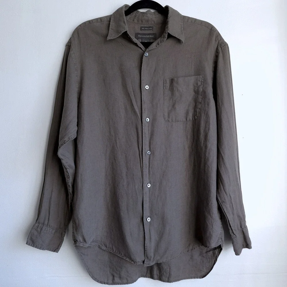 Banana Republic Shirt Irish Linen Brown Medium Mens Long Sleeve Coastal Safari M